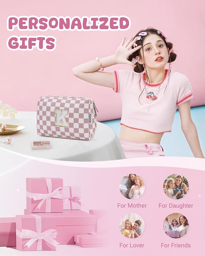 Narwey Birthday Gifts for Teen Girls Kids Women Personalized Initial Checkered Makeup Bag Pink Monogram Cosmetic Bag Trendy Stuff 6 8 10 11 12 13 14 16 18 Years Old Travel Toiletry Bag (Dusty Rose K)