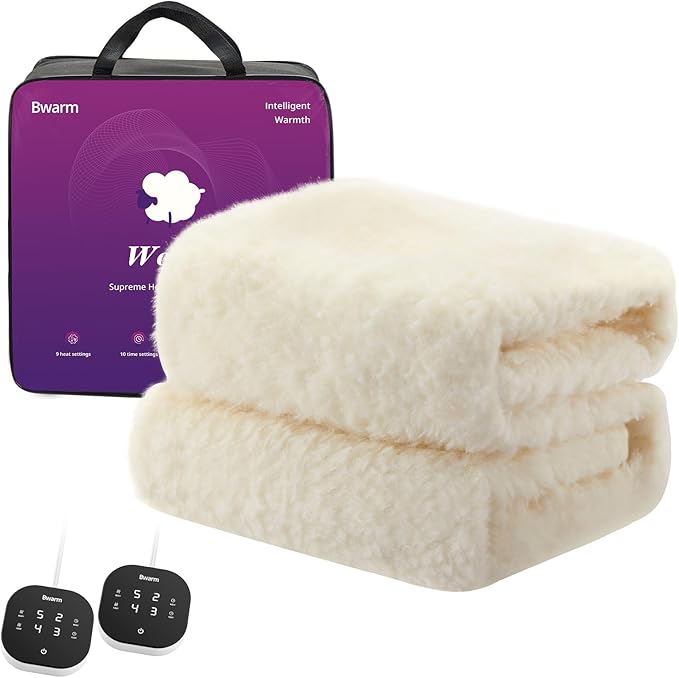 Bwarm Muilt-Zone Heated Mattress Pad King Wool Electic Mattress Pad, Touchscreen Bed Warmer with 9 Heat Settings, 1-12 Hours Auto Off Memory Deep Pocket,Machine Wash White King 78" x 80"