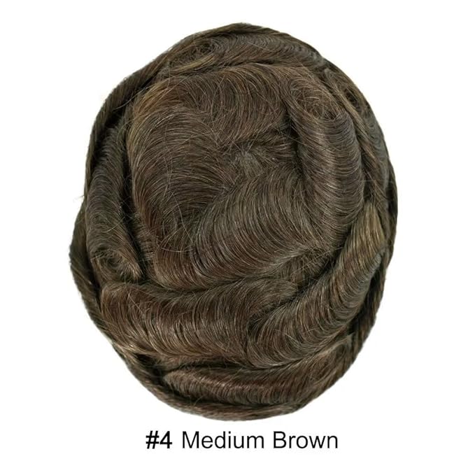 French Lace Mens Toupee Hairpieces Soft Human Hair Replacement System Natural Hairline Toupee for Men Lace Center with Poly V-Looped Man hair Units 8"X10" 4# MEDIUM BROWN