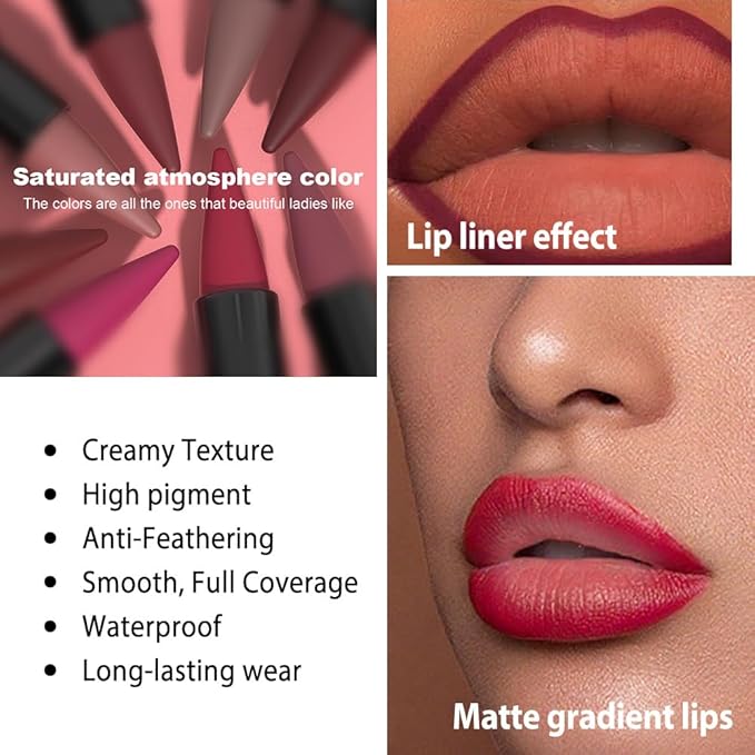 evpct 3Pcs Mauve Hot Pink Bright Red Gradient Matte Lipstick Lip Liner Combo Set for Older Women Long Lasting Waterproof, Lips Stick Crayon Cream Lip Liner Lipstick Combo Makeup, Flawless Ombre Effect