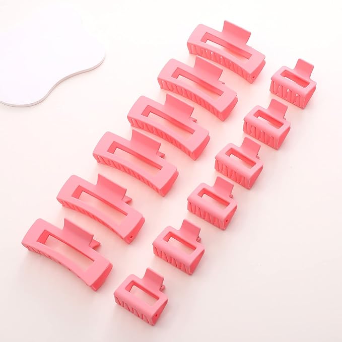 12 Pack Pink Square Claw Clips, Big and Small Neutral Rectangle Hair Claw Clips, Non-slip Matte Large Hair Clips for Women,Strong Hold jaw clip for Thick Thin Hair