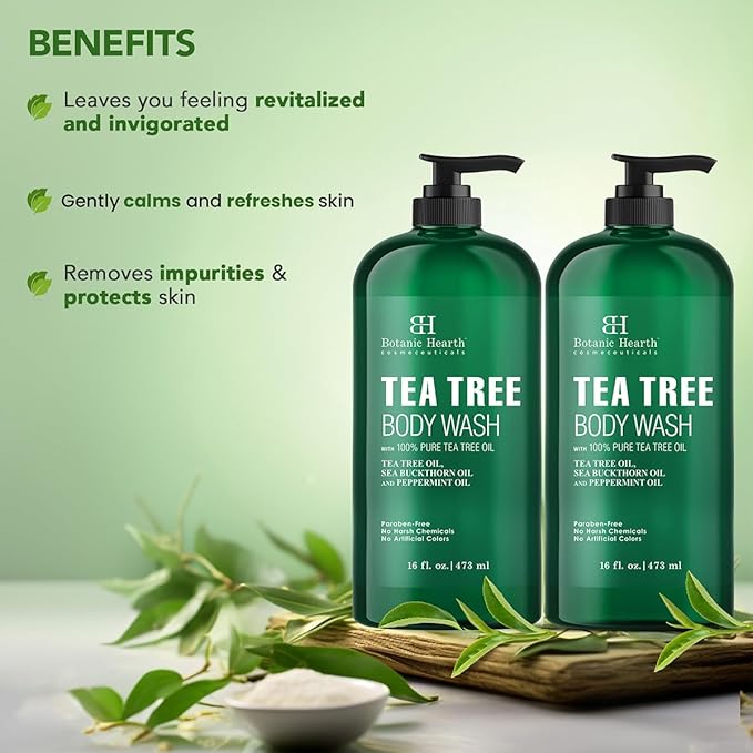 Botanic Hearth Tea Tree Body Wash (Pack of 2) for Men and Women - Moisturizing Body Wash Helps Soothe the Skin - Refreshing and Hydrating Cleanser, Sulfate Free, Paraben Free - 16 Fl Oz each