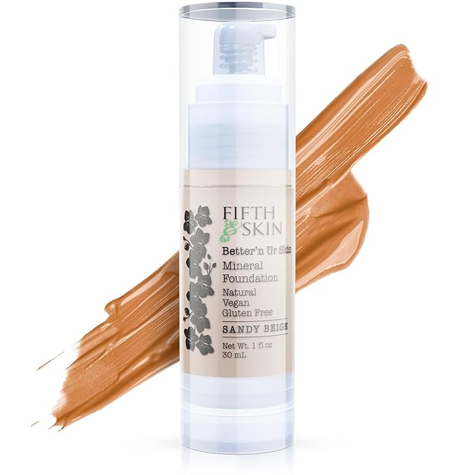 Fifth & Skin: Better’n Ur Skin Liquid Foundation (SANDY BEIGE) - Natural, Organic, Vegan, Cruelty-Free - Gluten-Free Beauty with Buildable Coverage and Palm-Free Luxury - 1 oz