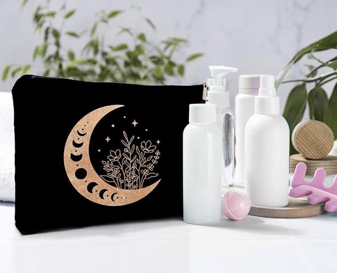 Boho Floral Celestial Crescent Moon Phase Makeup Bag, Mystical Crescent Moon Linen Makeup Travel Toiletry Bag, Abstract Floral Moon Cosmetic Bag Gifts For Girls Women Daughter Sister