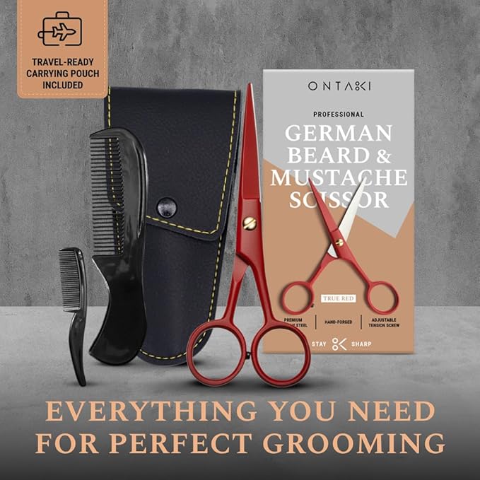 Ontaki Beard Scissors & Mustache Scissors - 5-Inch, True Red - German High-Carbon Steel Bevel Edge - Grooming Kit with Beard Comb & Mustache Comb & PU Leather Pouch - Facial Hair Grooming for Men