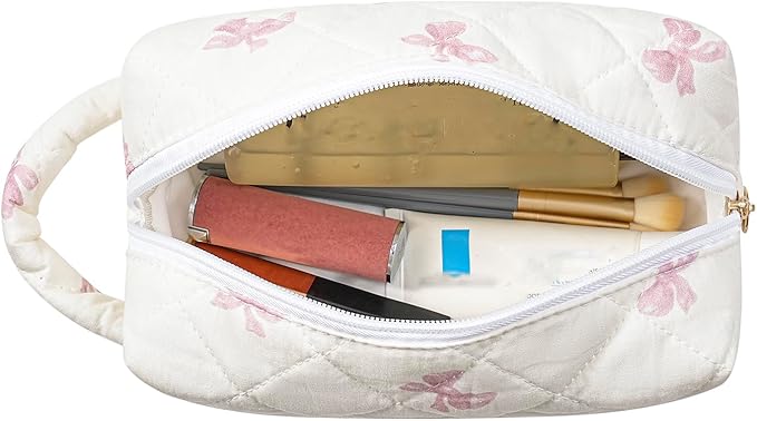 Makeup Bag Travel Cosmetic Bag for Women, Zipper Make Up Pouch, Floral Flowers Toiletry Organizer Makeup with Handle, Cosmetic Travel Cloth Bag (Pink Bow Tie)