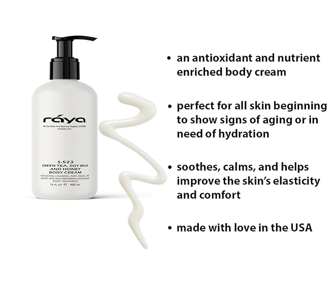 Raya Green Tea, Soy Milk, and Honey Body Cream 16 oz (S-523) | Nourishing, Calming, and Anti-Aging Body Cream | Protects and Refines Skin