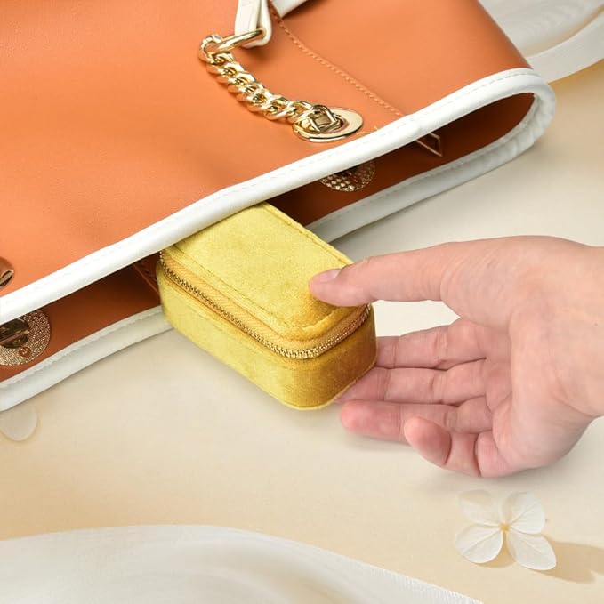 Small Travel Jewelry Case, Mini Tiny Plush Velvet Jewelry Box for Women and Girls, Pocket Size Jewelry holder organizer for Rings Earrings and Small Items(Yellow)