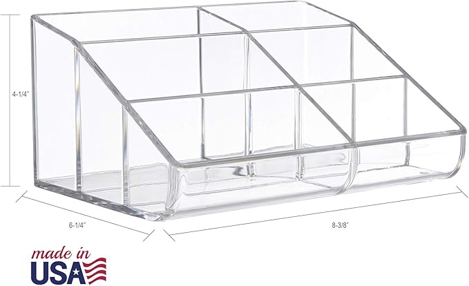 STORi Clear Plastic Vanity Makeup Organizer | 6-Compartment Holder for Brushes, Eyeshadow Palettes, & Beauty Supplies | Curved Front Design | Made in USA