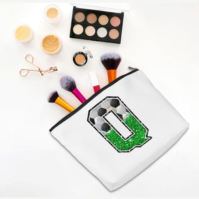 Soccer Gifts Initial Makeup Bag Monogrammed Cosmetic Bag Letter Q Zipper Pouch Soccer Accessories for Girls Women Player Coach Friend Stuff Graduation Birthday Gifts