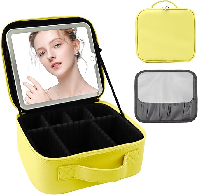 Travel Makeup Bag with LED Mirror and Light Travel Makeup Case Cosmetic Organizer Portable Cosmetic Brush Organizer Bag with Adjustable Dividers for Cosmetics Makeup Brushes Toiletry (Yellow)