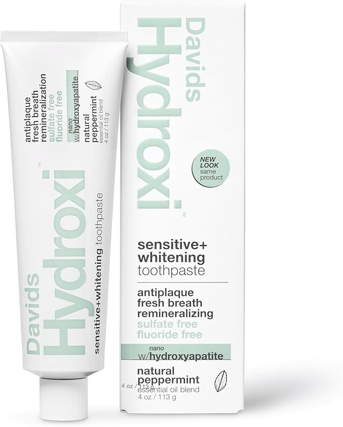 Davids Hydroxi Fluoride Free Nano Hydroxyapatite Toothpaste for Remineralizing Enamel & Sensitive Relief, Whitening, Antiplaque, SLS Free, Natural Peppermint, 4 oz, Made in USA
