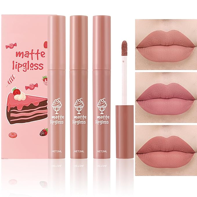 3Pcs Nude Matte Lipstick Set, Ice Cream Velvet Smooth Matte Lip Gloss, 24 Hour Natural Long Lasting & Nourishing Lip Glaze Non-stick Cup for Women Makeup (Set B)