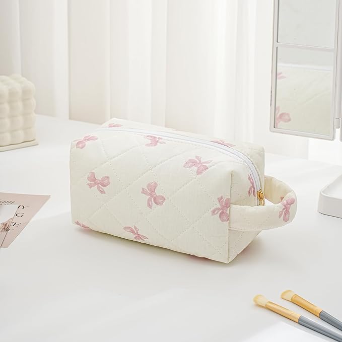 JOVAKIT Travel Makeup Bag Cosmetic Bag for Women, Christmas Gifts, Small Floral Flowers Coquette Toiletry Bag with Handle, Zipper Make Up Pouch Organizer Bag Trendy Stuff (Pink Bow Tie)