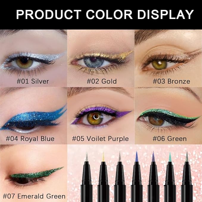 evpct 1Pcs Green Glitter Shimmer Liquid Eyeliner Eye Shadow Makeup Pencil Pen, Green Face Body Glitter False Eyelashes Lashes Freckles Accessories, Sparkle Metallic Colored Eyeliner Waterproof Smudge