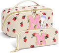 Personalized Travel Makeup Bag Set,Initial Travel Strawberry Makeup Organizer Bag,Toiletry Skincare Cosmetic Bag,Christmas Gifts for Women/Girls,Open Flat Toiletry Pouch with Brush Pocket-M
