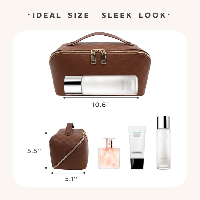 Travel Makeup Bag – Large Cosmetic Organizer with Waterproof PU Leather, Smooth Double Zipper & Tear-Resistant Lining, Toiletry Pouch for Women (Brown)