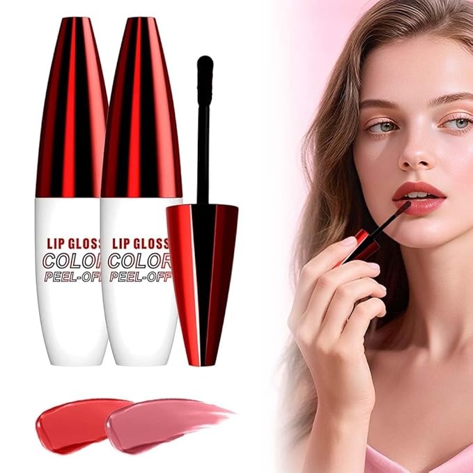 2 PCS Lip Gloss Color Peel Off Lip Stain, Long Lasting Lipstain Peel Off, Charming Lipstick Transfer Proof No Stick Cup (03-Positive Red and 04-Light Pink)