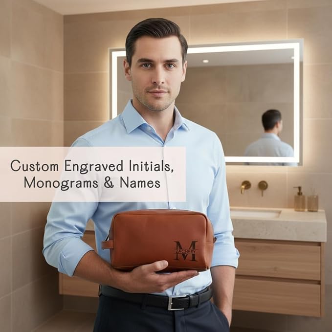 Danique Jewelry 100% Genuine Leather Personalized Toiletry Bag for Men • Mens Toiletry Travel Bag • Travel Essentials • Vacation Essentials Bathroom Travel Organizer • Groomsmen Gifts Shaving Bag