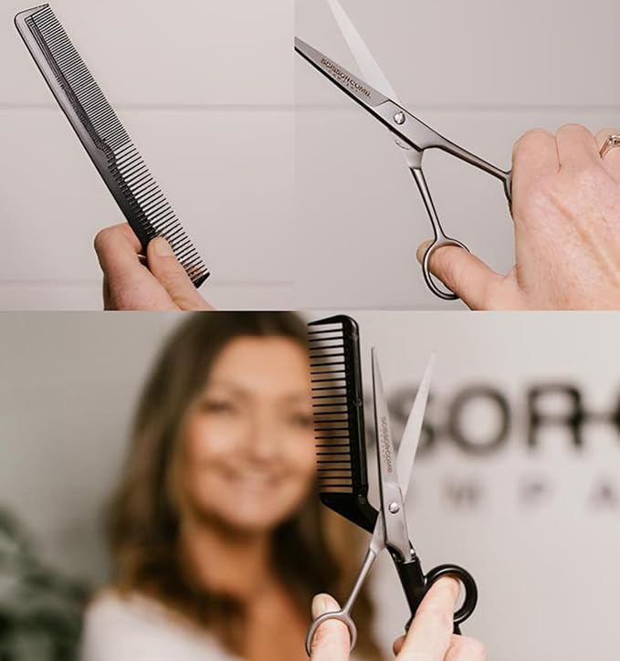Scissor Comb 2 in 1 Hair Scissors with Comb attached - Cut and Trim Hair At Home with Great DIY Hair Cutting Tool - Professional 6.75" 440C Stainless Steel Shears with Comb