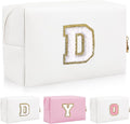Personalized Initial Letter Patch Makeup Bag, Preppy Portable Chenille Letter Cosmetic Bag with Zipper, PU Leather Waterproof Travel Toiletry Bag Monogram Make Up Pouch for Women Girls(Letter D)