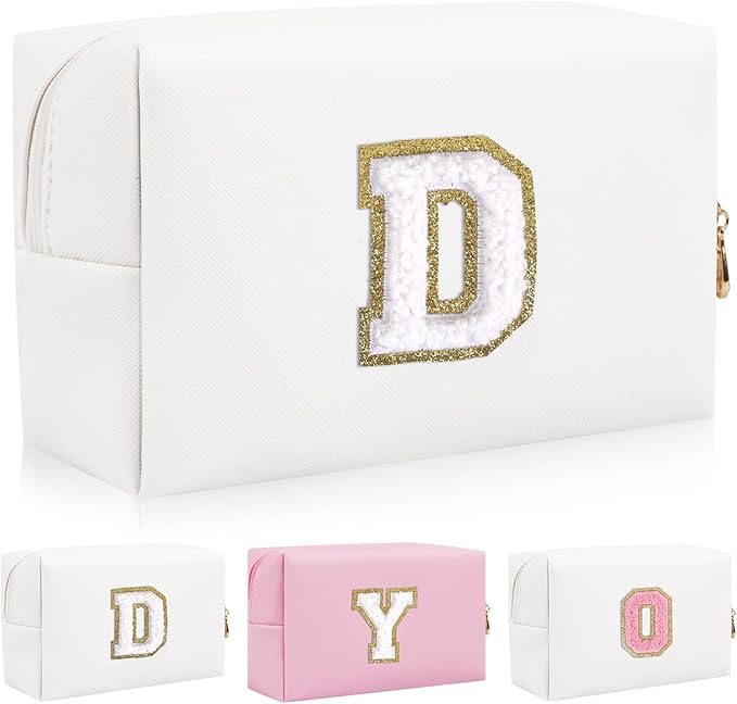 Personalized Initial Letter Patch Makeup Bag, Preppy Portable Chenille Letter Cosmetic Bag with Zipper, PU Leather Waterproof Travel Toiletry Bag Monogram Make Up Pouch for Women Girls(Letter D)
