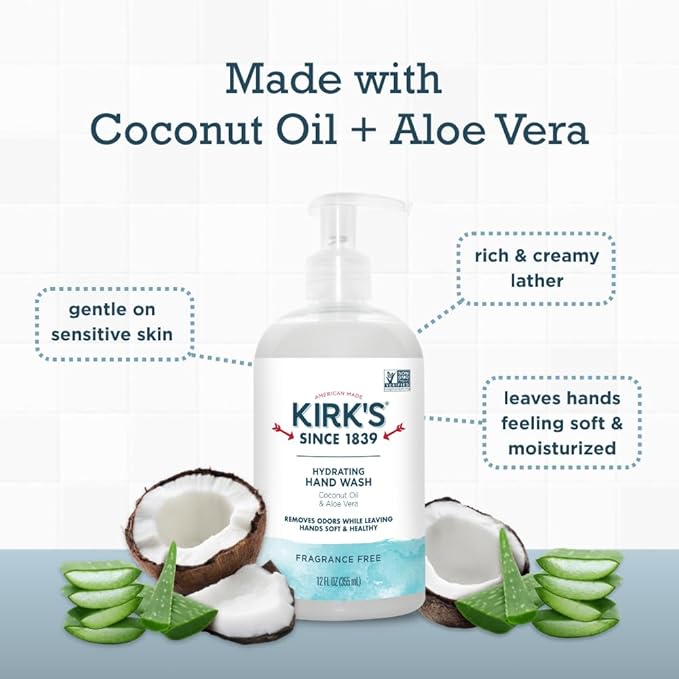 Kirk's Hydrating Hand Wash - Made with Coconut Oil and Aloe Vera, With Odor Neutralizing Technology To Help Eliminate Odors, Non-GMO, Vegan, Fragrance Free, 12 Fl Oz.