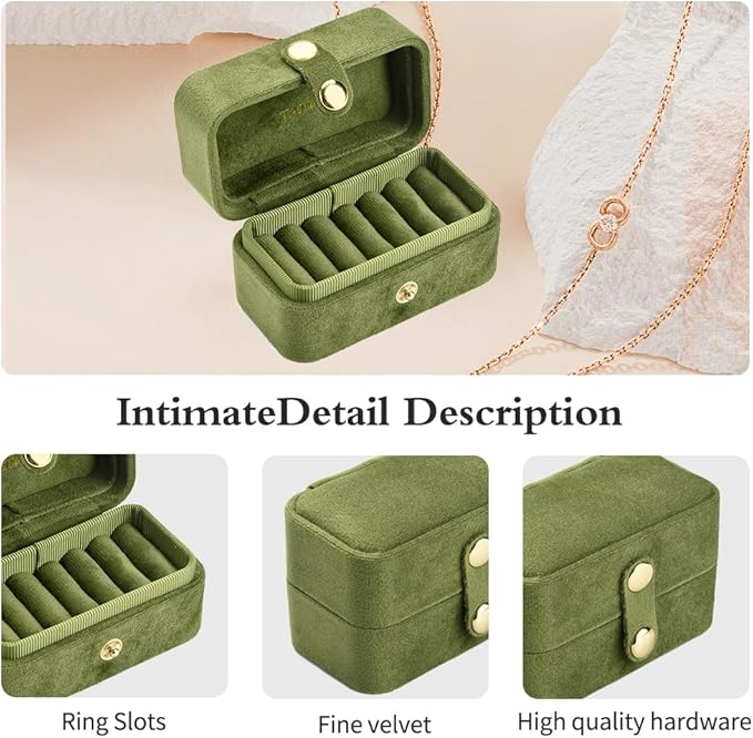 Travel Jewelry Case, Portable Pocket Size Small Plush Velvet Ring Box for Women, Mini Ring Holder and Organizer with 7 slots for purse(Avocado Green)
