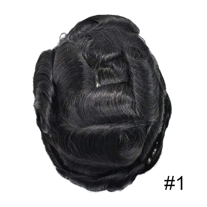 FACE MIRACLE Hair System for Men French Lace Mens Toupee Human Hair Replacement System Lace with PU Toupee for Men Male Hair Piece Wigs 8"X10" 1# JET BLACK