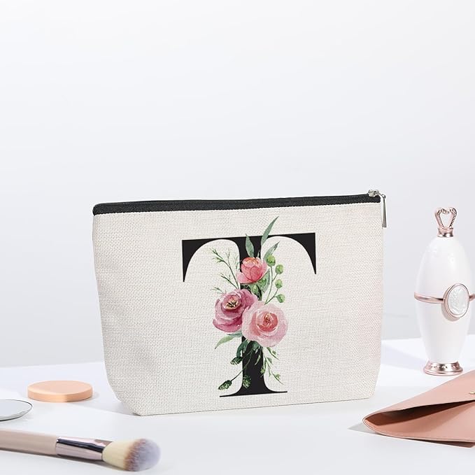 Initial Makeup Bag, Personalized Gifts for Women, Bridesmaid Gifts, Birthday Gifts for Women Mom, Gifts for Best Friend, Bride Bridesmaid Cosmetic bag (Letter T)