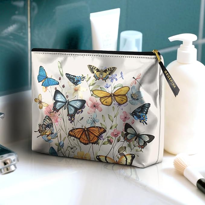 Cute Makeup Bag for Purse Waterproof Cosmetic Bags for Women Funny Smooth Zipper Travel Toiletry Pouch 10X8 Inches-Butterfly Wildflower Makeup pouch
