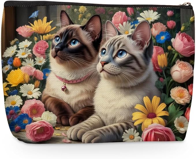 Wenboco Colorful Flower Cat Makeup Bag, Large Capacity Travel Makeup Case Cosmetic Bags for Women, Portable Pouch Purse Travel Essentials Toiletries Accessories, Cat Lover Gifts for Women