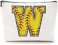 Softball Gifts Initial Monogrammed Cosmetic Bag Yellow Letter W Zipper Pouch Accessories for Girls Women Softball Player Coach Friend Graduation Birthday Gifts