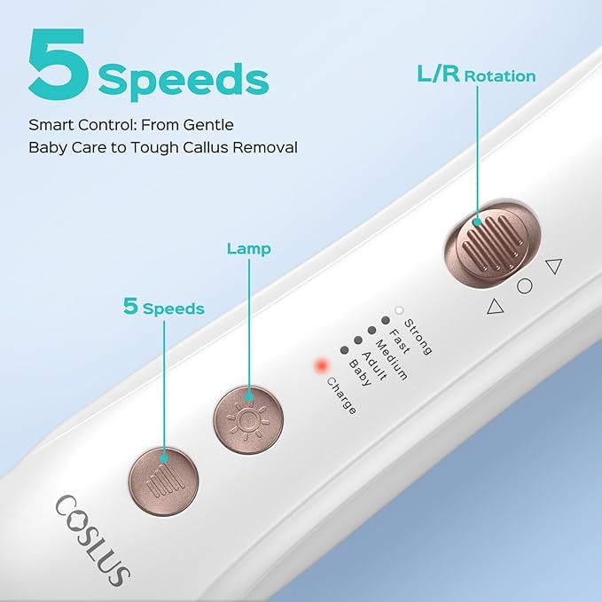 COSLUS Professional Pedicure Tools for Feet: Electric Nail File for Thick Toenails, Quiet High Precision, 5-Speed Motor Rechargeable Compact with LED & Steel Bits, Home Care for Adults & Seniors
