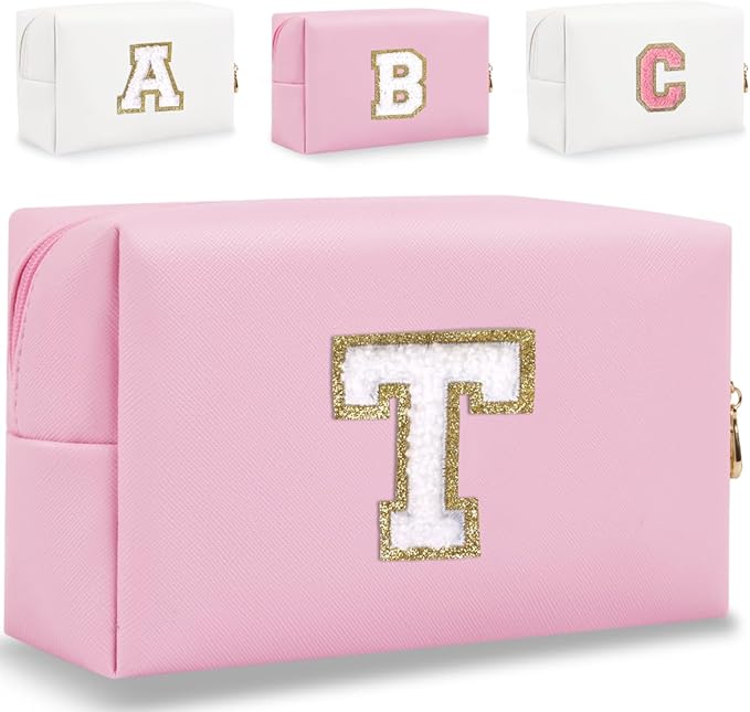 Small Personalized Letter Makeup Bag, Cute PU Leather Chenille Letters Cosmetic Bag Travel Makeup Pouch, Preppy Travel Organizer Zipper Pouch for Women&Girls（Pink-T）