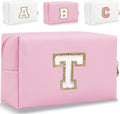 Small Personalized Letter Makeup Bag, Cute PU Leather Chenille Letters Cosmetic Bag Travel Makeup Pouch, Preppy Travel Organizer Zipper Pouch for Women&Girls（Pink-T）