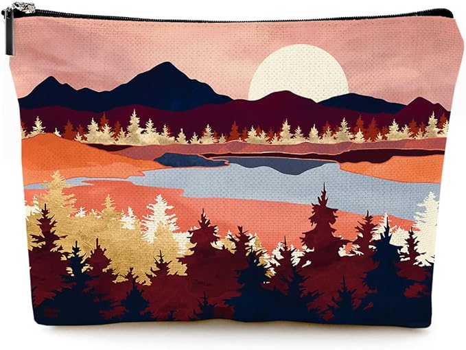Cute Makeup Bag for Purse Canvas Waterproof Funny Cosmetic Bags for Women Zipper Travel Toiletry Pouch-Mountain Makeup Bags-Red