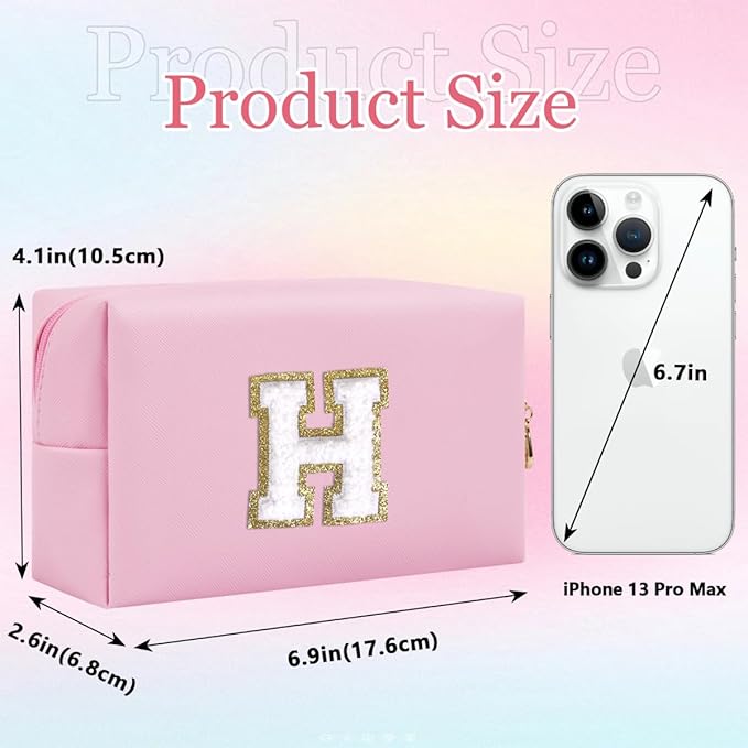 Small Personalized Letter Makeup Bag, Cute PU Leather Chenille Letters Cosmetic Bag Travel Makeup Pouch, Preppy Travel Organizer Zipper Pouch for Women&Girls（Pink-H）