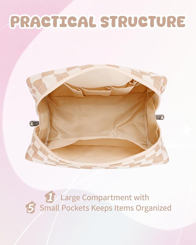 Narwey Birthday Gifts for Women Teen Girls Kids Personalized Initial Checkered Makeup Bag Cute Cosmetic Bag Trendy Stuff 6 8 10 11 12 13 14 16 18 Years Old Travel Toiletry Bag (Brown Letter R)
