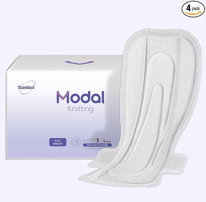 MODAL Heavy Flow Pads for Women Overnight, Unscented Sanitary Pads for Period with Wings, 16.5 Inch(420 mm), Extra Heavy Overnight, 4 Count
