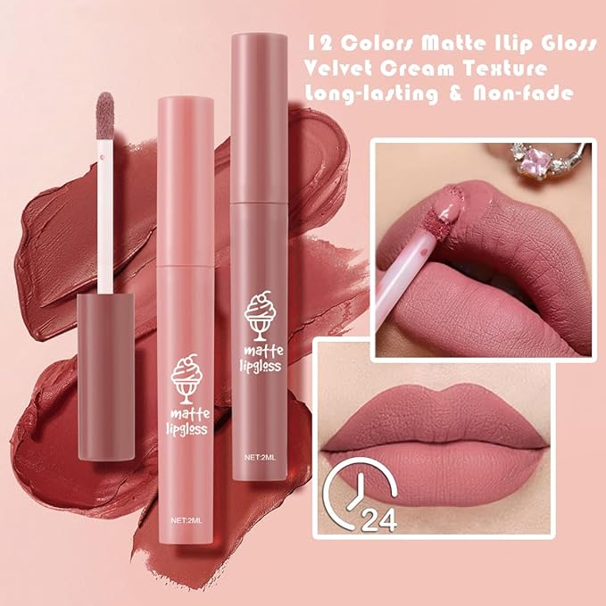 3Pcs Nude Matte Lipstick Set, Ice Cream Velvet Smooth Matte Lip Gloss, 24 Hour Natural Long Lasting & Nourishing Lip Glaze Non-stick Cup for Women Makeup (Set C)