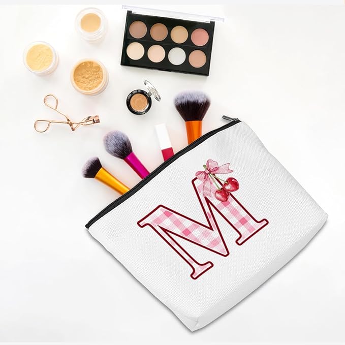 Initial Makeup Bag Monogram Cosmetic Bag Monogrammed Gifts for Women Girls Friends Coworker Employee Personalized Travel Toiletry Bag Christmas Bridal Shower Wedding Bridesmaid Gifts, Cherry M