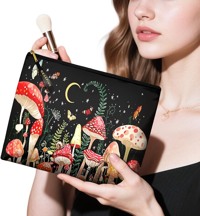 Cute Makeup Bag for Purse Waterproof Cosmetic Bags for Women Funny Smooth Zipper Travel Toiletry Pouch 10X8 Inches-Mushroon Makeup pouch