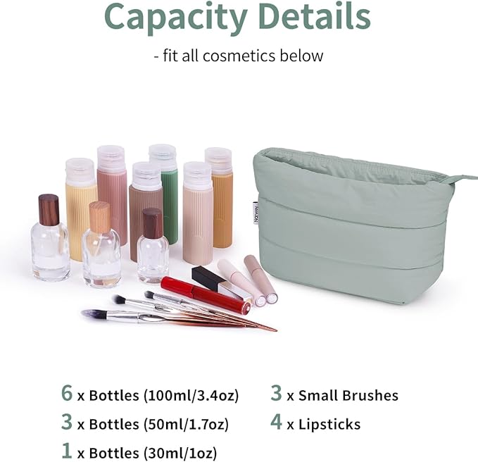 Narwey Small Makeup Bag for Travel Women Girl, Puffer Cosmetic Bag Makeup Pouch for Purse with Zipper, Cute Puffy Make Up Organizer Bags, Travel Toiletry Bag Toiletries (Sage Green)