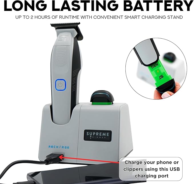 Supreme Trimmer Recharge ST777 – Professional Barber Trimmer with 2 Removable Batteries | 8000 RPM Motor, Zero Gap DLC Blades, Smart Charging Dock, USB-C Fast Charge