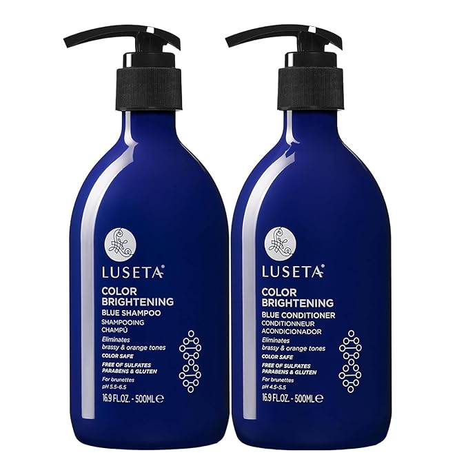 Luseta Blue Shampoo & Conditioner Set - Color Brightening for Brassy and Brunette Treated Hair, Revive Cool Tones, 2x 16.9oz