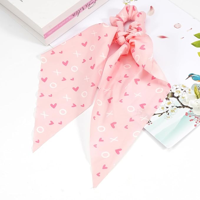 Valentine's Day Hair Ties XOXO Pink Heart Hair Scrunchies for Women Girls Elastic Love Hair Tie Ribbon Valentine's Day Hair Bows Hair Accessories Gifts