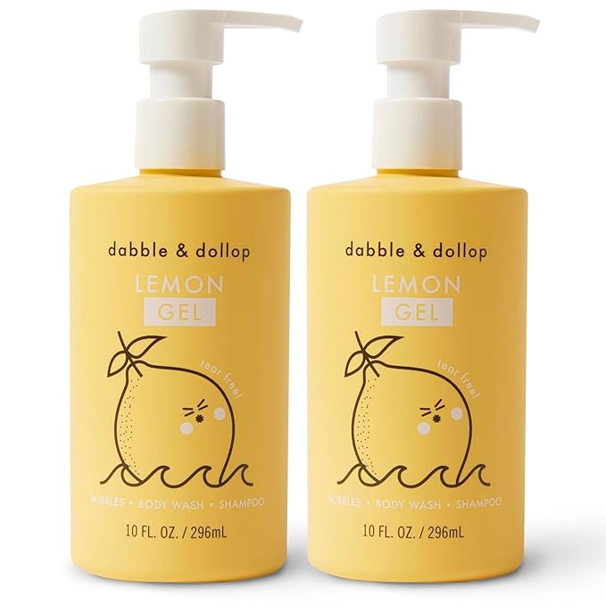 Dabble & Dollop Lemon Body Wash & Shampoo – 3-in-1 Natural Bubble Bath for Kids, No Parabens or Sulfates, Vegan, Gluten-Free, Tear-Free (10oz, Pack of 2)