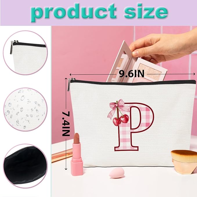 Initial Makeup Bag Monogram Cosmetic Bag Monogrammed Gifts for Women Girls Friends Coworker Mom Personalized Travel Toiletry Bag Christmas Bridal Shower Wedding Bridesmaid Gifts, Cherry P