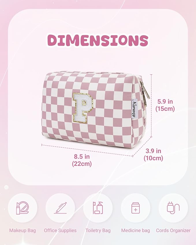 Narwey Birthday Gifts for Teen Girls Kids Women Personalized Initial Checkered Makeup Bag Pink Monogram Cosmetic Bag Trendy Stuff 6 8 10 11 12 13 14 16 18 Years Old Travel Toiletry Bag (Dusty Rose P)